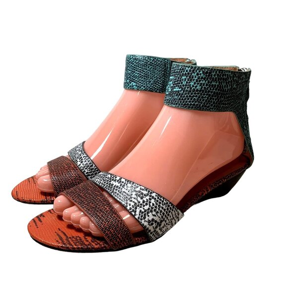 Rebecca Minkoff Sandals Womens 7.5 Wedge Ankle Strap Zip Multicolor Animal Print - Picture 11 of 16